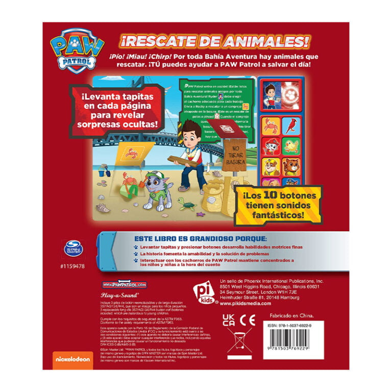 LIBRO DE SONIDO CON TAPITAS PARA LEVANTAR RESCATE DE ANIMALES PAW PATROL